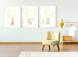 Yellow Nursery Print Hot Air Balloon Animals Wall Art - thumbnail 1
