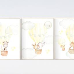 Yellow Nursery Print Hot Air Balloon Animals Wall Art - thumbnail 2