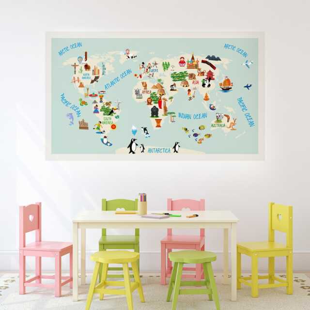 Kids World Map Wall Decal, Educational Sticker, Removable Decor, Playroom Nursery Art, Room Skuwomapkids - image 1