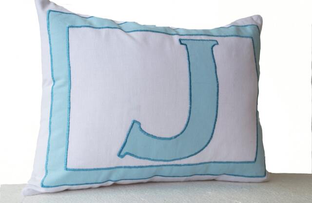 Monogram Pillows -Personalized White Blue Letter Pillow Cover - Alphabet Throw Pillow - Customized Cushions - Cotton Gift - 12x16 - image 1
