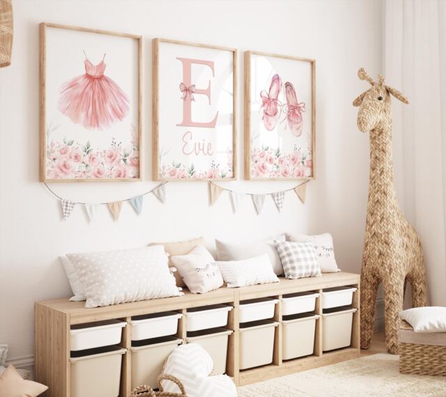 Personalized Ballerina Nursery Print Set Ballet Shoes, Tutu, Initial Wall Art - image 1