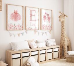Personalized Ballerina Nursery Print Set Ballet Shoes, Tutu, Initial Wall Art - thumbnail 1
