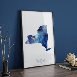 New York Map Blue & Gold Wall Art Print - Us State United States Of America Usa - thumbnail 3