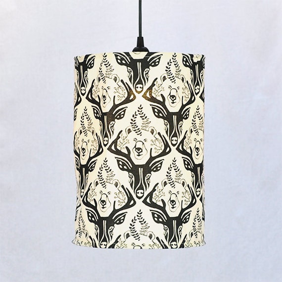 Canvas Black & White Lamp Shade, Finnish Nature Theme, Bears, Deers, Berries. Nordic Design Style Home Decorating, Led Included - image 1