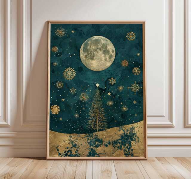 Christmas Moon Poster, Illustration Style Holiday Wall Art, Gold & Teal Decor, Starry Night Festive Print, Gift Artwork - image 1
