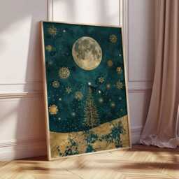 Christmas Moon Poster, Illustration Style Holiday Wall Art, Gold & Teal Decor, Starry Night Festive Print, Gift Artwork - thumbnail 2