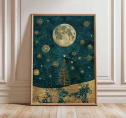 Christmas Moon Poster, Illustration Style Holiday Wall Art, Gold & Teal Decor, Starry Night Festive Print, Gift Artwork - thumbnail 1