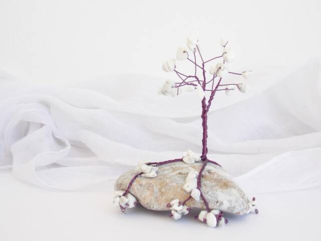 Howlite Wire Tree Sculpture, Copper Wire, Greek Pebble Base - image 1