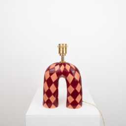 Handmade Ceramic Table Lamp Maroon Diamond Pattern, Alpaca Silk Shade - thumbnail 4