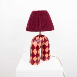 Handmade Ceramic Table Lamp Maroon Diamond Pattern, Alpaca Silk Shade - thumbnail 2