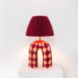 Handmade Ceramic Table Lamp Maroon Diamond Pattern, Alpaca Silk Shade - thumbnail 3