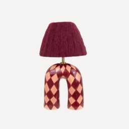 Handmade Ceramic Table Lamp Maroon Diamond Pattern, Alpaca Silk Shade