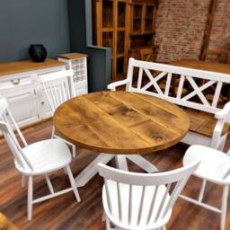 Irby Round Dining Table Rustic Natural Wood - Industrial Star Frame Legs Handmade Stylish Cozy & Modern - thumbnail 3