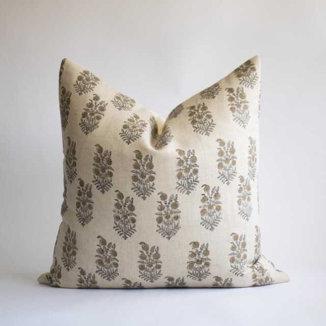 Neutral Floral Linen Pillow Cover Gray Tan Hand Block Print - Indu - image 1