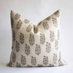 Neutral Floral Linen Pillow Cover Gray Tan Hand Block Print - Indu - thumbnail 2
