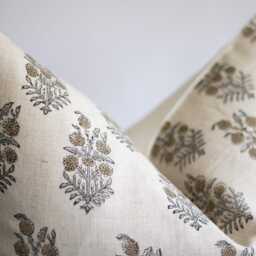 Neutral Floral Linen Pillow Cover Gray Tan Hand Block Print - Indu - thumbnail 3