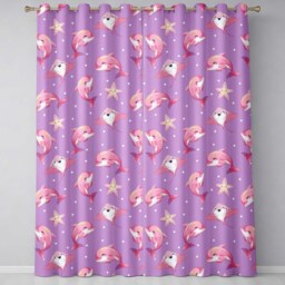 Pink Dolphin Stingray Starfish Ocean Creatures Purple Polka Dot Background Readymade Eyelet Ring Top Thermal 100% Blackout Curtains - thumbnail 2