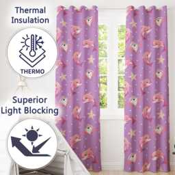 Pink Dolphin Stingray Starfish Ocean Creatures Purple Polka Dot Background Readymade Eyelet Ring Top Thermal 100% Blackout Curtains - thumbnail 3