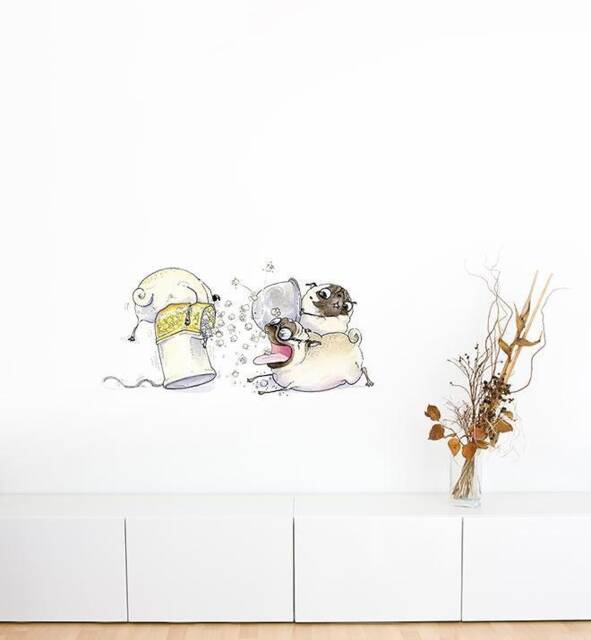 Three Popcorn Pugs Wall Sticker Decal - Dogs & Pets Stickers, Art, Decals, Kids Boys, Girls, Animals Decals
