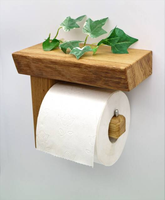 Solid Oak Toilet Paper Holder - Roll With Shelf Handmade in The Black Forest Wooden Bathroom Accessory No Drilling Required - image 1