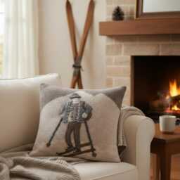 Handmade Alpaca Skier Pillowcase, Beige Farmhouse Cushion - 20x20 - thumbnail 2