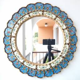 Peruvian Light Blue Harmonious Mirror 50 cm Handmade Wall Decor - Carved Wood Round Elegant Statement For Living Room Bathroom - thumbnail 1