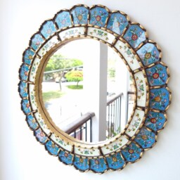 Peruvian Light Blue Harmonious Mirror 50 cm Handmade Wall Decor - Carved Wood Round Elegant Statement For Living Room Bathroom - thumbnail 3