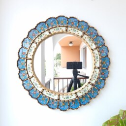 Peruvian Light Blue Harmonious Mirror 50 cm Handmade Wall Decor - Carved Wood Round Elegant Statement For Living Room Bathroom - thumbnail 2
