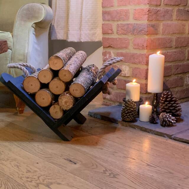 Handmade Rustic Wood Log Basket Dark Blue Fireplace Storage - image 1