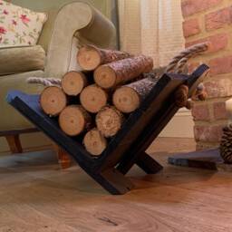 Handmade Rustic Wood Log Basket Dark Blue Fireplace Storage - thumbnail 2