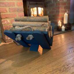 Handmade Rustic Wood Log Basket Dark Blue Fireplace Storage - thumbnail 3