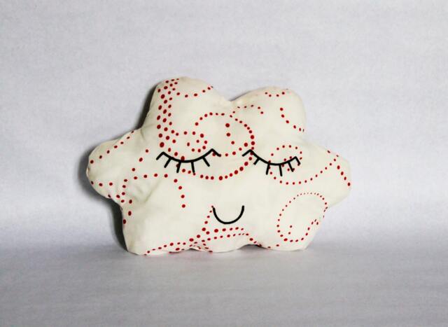 Cloud Cushion Soft Toy Decorative Pillow Cream Cotton Printed Arabesques Small Red Polka Dots Embroidered Serene Face Too Cute Handmade Black Thread - image 1