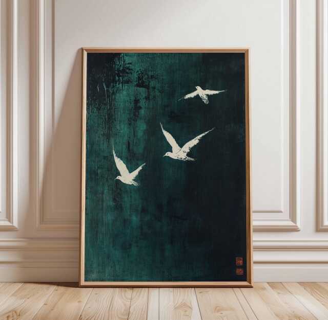 Birds in Flight Poster Art Print, Abstract Bird Wall Art, Green & White Modern Decor, Minimalist Nature Large - image 1