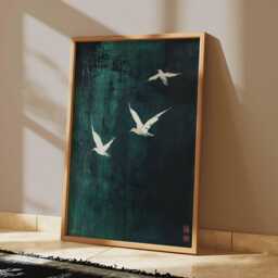 Birds in Flight Poster Art Print, Abstract Bird Wall Art, Green & White Modern Decor, Minimalist Nature Large - thumbnail 2