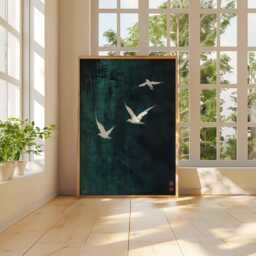 Birds in Flight Poster Art Print, Abstract Bird Wall Art, Green & White Modern Decor, Minimalist Nature Large - thumbnail 3
