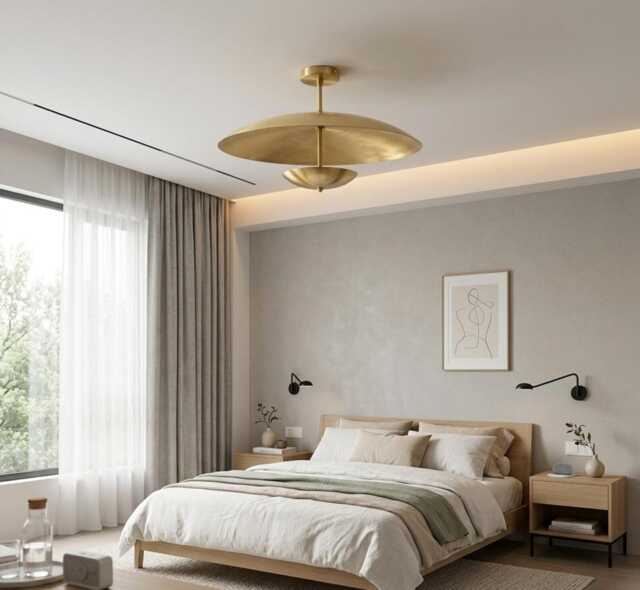 Modern Brass Semi Flush Mount Ceiling Light, Mid Century Lamp, Scandinavian Contemporary Lighting Fixture Pendant - image 1