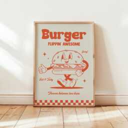Retro Cartoon Burger Print, Charming Style Gift For Foodie, Lover Food Kitchen Wall Art, Red 2811 - thumbnail 2