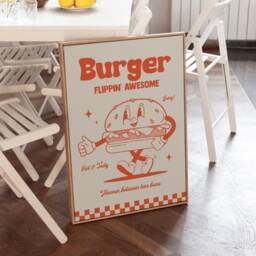 Retro Cartoon Burger Print, Charming Style Gift For Foodie, Lover Food Kitchen Wall Art, Red 2811 - thumbnail 1