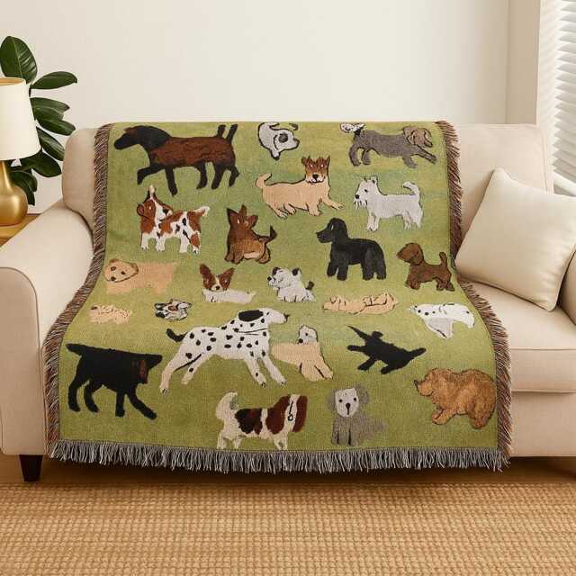 Dog Breeds Woven Blanket - Green Sofa Throw, Lover Gift - image 1