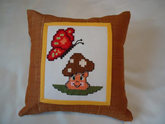 Embroidered Mushroom Butterfly Pillow, Handmade Kids Cushion - image 1