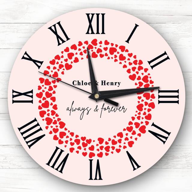 Red Hearts Wreath Anniversary Birthday Valentine's Gift Personalised Clock - image 1