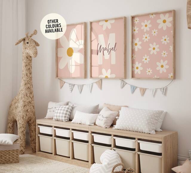Set Of 3 Daisy Nursery Prints - Custom Name Floral Personalised Girl Baby Room Boho Dusky Pink Purple Blue Neutral Sage Green Unframed - image 1