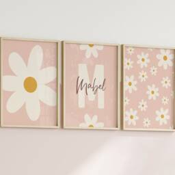 Set Of 3 Daisy Nursery Prints - Custom Name Floral Personalised Girl Baby Room Boho Dusky Pink Purple Blue Neutral Sage Green Unframed - thumbnail 2