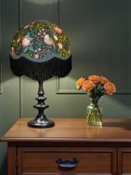 Handcrafted William Morris Strawberry Thief Fabric Dome Lampshade Slate Blue Braid, Black Fringe, UK Handmade - thumbnail 1