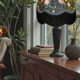 Handcrafted William Morris Strawberry Thief Fabric Dome Lampshade Slate Blue Braid, Black Fringe, UK Handmade - thumbnail 2
