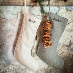 Christmas Stocking, Handmade Personalized Embroidered Linen Farmhouse Stocking Family Gift - thumbnail 3