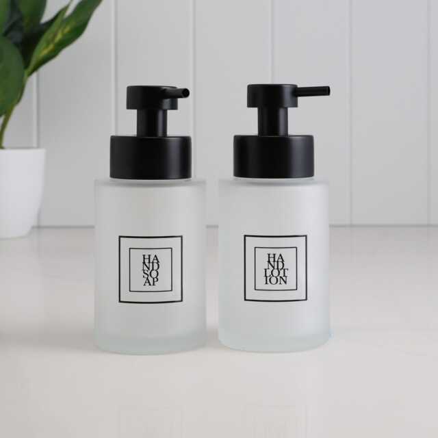 Set Of 2 Frosted Glass Hand Soap & Lotion Dispensers With Black Square Labels, 250Ml Refillable Bottles Stainless Steel Pump - image 1
