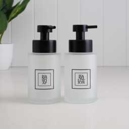 Set Of 2 Frosted Glass Hand Soap & Lotion Dispensers With Black Square Labels, 250Ml Refillable Bottles Stainless Steel Pump - thumbnail 1