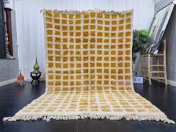 Custom Beniourain Rug, Moroccan Handmade Rug, Sheep Wool Tribal Grid Berber Area Orange & Cream Rug - thumbnail 1