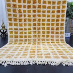 Custom Beniourain Rug, Moroccan Handmade Rug, Sheep Wool Tribal Grid Berber Area Orange & Cream Rug - thumbnail 3